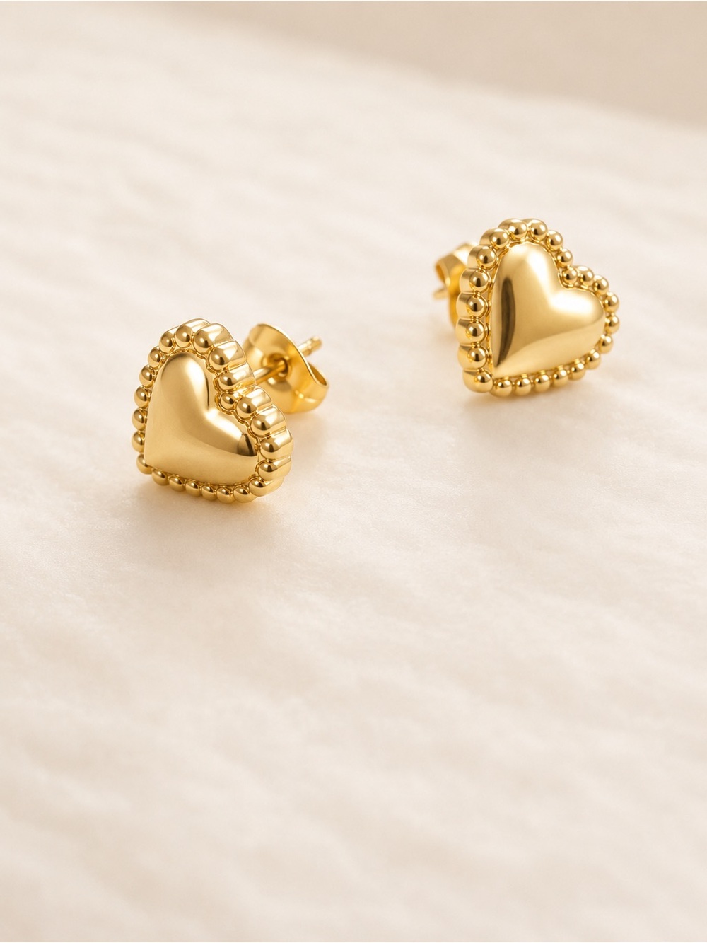 Gold Plated Heart Bead Edge Stud Earrings Stainless Steel